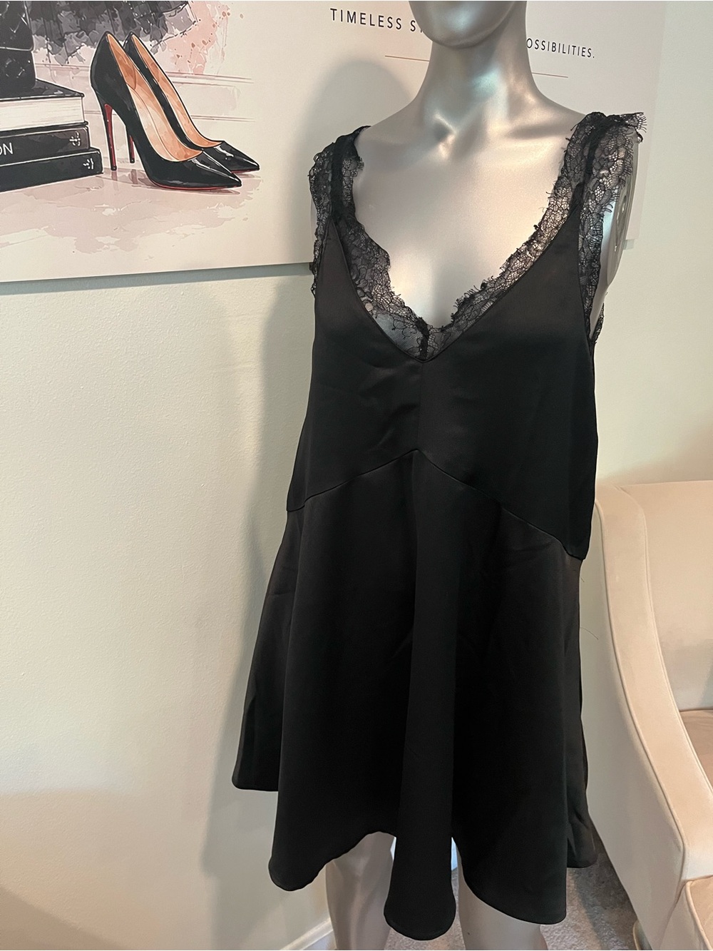 Lulu's Black Lace-Trim Satin Slip Chemise Dress S EUC